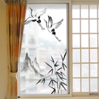 Decal dán kính cao cấp - 2 con Hạc bay quanh núi ( 60x116cm )-DK1052