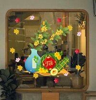 DECAL DÁN KÍNH TRANG TRÍ TẾT BÌNH HOA VÀ BÁNH CHƯNG DƯA HẤU