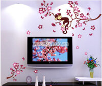 Decal dán tường cành đào và khỉ con phong cách hàn quốc