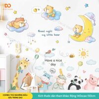 Decal dán tường cho bé Orange combo gấu trăng sao và thú nghiêng đầu trang trí phòng ngủ tủ quần áo chống thấm nước