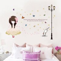 Decal dán tường Combo 2 tranh dây đèn thả + cô gái mộng mơ và cột đèn