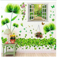 Decal dán tường Combo 3 tranh khung cửa sổ + pha Lê xanh + hàng rào cỏ 3 lá