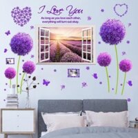 Decal dán tường Combo 3 tranh khung cửa sổ oải hương mới +2 tranh hoa Cẩm Tú cầu tím mới