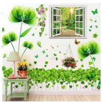 Decal dán tường Combo 3 tranh khung cửa sổ + pha Lê xanh + hàng rào cỏ 3 lá