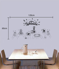 Decal dán tường decal chữ welcome và máy ảnh, dán nhìn 2 mặt, trang trí quán cafe, mới nhất TPHCM