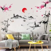 Decal dán tường HCM phòng khách Trang trí tết phong cảnh combo HOA ĐÀO NỞ