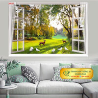 Decal dán tường hình tranh 3D phủ kim sa Nhật Bản mặt sau có keo bóc dán cửa sổ mùa thu lá vàng