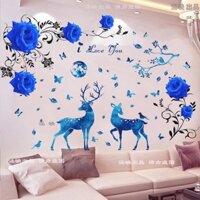 Decal dán tường Hoa hồng xanh dương và hươu xanh