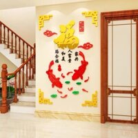 Decal dán tường mica dán nổi trang trí tết 2024 cửu ngư đồ, chữ phúc dọc vàng, cá chép đỏ may mắn tài lộc, hoa đào mai