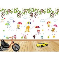 Decal dán tường trang trí phòng khách, phòng  ngủ, nhà bếp - Gấu đu ô và khỉ đu cây