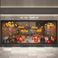 Decal tết dán cửa kính 6 mét ra vào chung cư thần tài múa lân sư rồng đón xuân