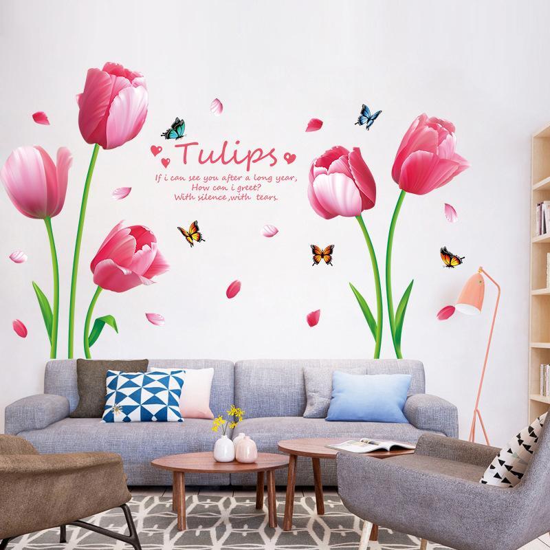 Decal trang trí chân tường hoa tulip hồng