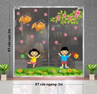 Decal trang trí trung thu 2021 bé trai và gái vui chơi lồng đèn cá chép
