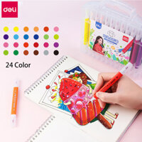 Deli 12/24 Colors Watercolor Pen Double-end Drawing Pens Nylon + Fiber Pen Tip Painting Pens Triangle Pen-holder Washable Ink Bright Color Sketching Pens With Storage Box & Cute Cartoon Pattern School Poster DIY Graffiti Gadgets Stationery Kits