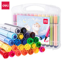 Deli 12/24/36 Colors Marker With Cute Cartoon Stamp Portable Bright Color Drawing Pen Wear-resistant Fiber Tip Kid Children Student Painting Pens Transparent Storage Box Hexagonal Pen-holder School Poster Diary DIY Graffiti Pens Stationery Supplies