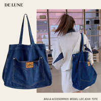 DELUNE | Lec Tote Bag - Túi xách jean basic cho nam nữ, chất liệu jean phối da có ngăn nhỏ, size lớn đựng vừa A4,Laptop