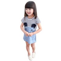 DeMeis Bé Gái Sọc Đầm Denim Chuột Thiết Kế Áo Dài tay