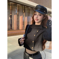 Đen Áo Khoác Nữ Quần Áo Mùa Thu Đông 2024 Phong Cách Mới Cổ Tròn Niche Rời Ngắn Phong Cách Dài Tay Nữ Top T