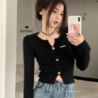 Đen Áo Thun Lửng Tay Dài Cổ v Xẻ Tà Quyến Rũ Trẻ Trung Cho Bạn Gái