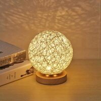 Đèn bàn bằng gỗ, đèn bàn USB với đèn Rattan hình cầu làm việc bằng đèn bằng gỗ cho phòng ngủ trang trí bàn cạnh giường ngủ màu trắng