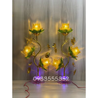 Đèn bàn thờ ba bông sen thủy tinh cao 52 - bông sen vàng cao 52cm