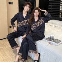 Đen Băng Lụa In Chữ Bộ Đồ Ngủ Cặp Đôi Bộ Đồ Ngủ Nữ Thu Đông Băng Lụa In Chữ Dài Tay Loungewear Mùa Xuân Xương Cá Pa