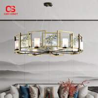 Đèn Chùm Men Gốm Thủ Công Vẽ Tay Lá Tre, Thiết Kế Ô Vuông Sắt Tinh Tế