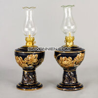 Đèn Dầu – Men Xanh Coban – Dáng Váy Vuông Hoa Sen – Vẽ Vàng