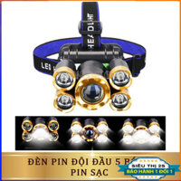 Đèn đội đầu siêu sáng 5 bóng sạc điện, Đèn pin đeo trán đa năng pin sạc  thích hợp đi phượt, đi du lịch leo núi