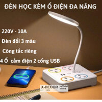 Đèn Học Để Bàn Thông Minh Tích Hợp Ổ Điện Có Cổng USB, Đèn Chống Cận 3 Chế Độ Ánh Sáng,Đèn Đọc Sách