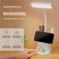 🎗Đèn Học Để Bàn Trắng 3 Màu Đèn, Nút Cảm Ứng, Đèn Sách Sạc USB Tích Điện, Xoay 360, 2 Ngăn Đựng Bút, Giá Đỡ Điện Thoại