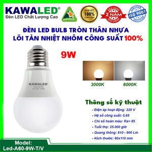 Đèn led bulb Kawaled A60-9W-T