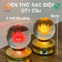 Đèn led hình quả cầu thủy tinh hoa sen DT1 sạc điện chiều cao 9cm dùng để trưng bàn thờ cúng Phật