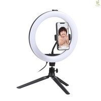 Đèn LED vòng 10 Inch Chiếu sáng hội nghị Video 3 chế độ chiếu sáng 11 cấp độ Độ sáng có thể điều chỉnh được Chạy bằng USB với chân máy để bàn + Giá đỡ điện thoại linh hoạt + Bóng [24NEW]