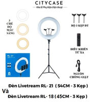 Đèn livetream to RL21 Size 54cm và RL18 Size 45cm có 3 đầu kep điều khiển từ xa hỗ trợ chụp ảnh quay phim video bán hàng