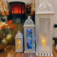 Đèn Lồng - Giá Đỡ Nến - Đèn Cầy Màu Trắng Mặt Kính Trang Trí Vườn Set 3