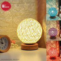 Đèn Ngủ Để Bàn Quả Cầu Mây Có Đế Gỗ | Chạm Điều Chỉnh Độ Sáng, Sạc USB, Decor Phòng Ngủ Chill Chill