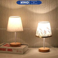 Đèn ngủ để bàn vải lanh đế gỗ Niho phong cách vintage đầu cắm USB, bóng led, trang trí phòng ngủ NHD21037💕FREE SHIP💕