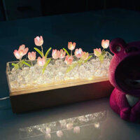 Đèn ngủ hoa tulip tự làm, đèn ngủ handmade, đèn ngủ chậu hoa tulip mica tặng đèn led, 10 hoa tulip hồng, 10 lá và đá vụn