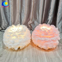 Đèn Ngủ Lông Vũ Để Bàn Màu Trắng Chân Inox Sơn Tĩnh Điện (Cao 25cm- Ngang 30cm) Mây Bệt Toả Tròn Xinh