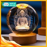 Đèn Ngủ Quả Bi Cầu Đèn Led - 3D Hình Phật - Kèm Đế Gỗ (Nguồn USB Công Tắt)