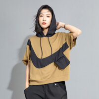 Đen Nhật Bản Niche Áo Thun Nữ Có Mũ Trùm Đầu Không Đều Thiết Kế Rời Áo Thun Tay Ngắn Mùa Hè Mỏng Nửa-