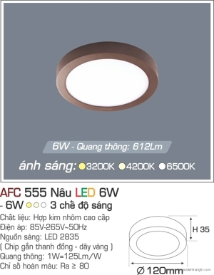 Đèn ốp trần cao cấp 3 chế độ Anfaco AFC 555N 6W 3C