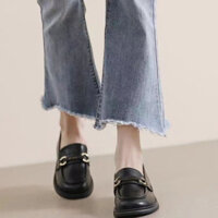 Đen Phong Cách Anh Quốc Giày Da Nhỏ Nữ 2024 Đế Bằng Giày Slip-On Loafers Giày Nữ ins Hợp Thời Trang Bán Buôn Xuyên Biên Giới