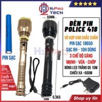 Đèn Pin Cầm Tay, Đèn Bin Siêu Sáng Police 418 Led Cree Q5 Trắng 10W, Vỏ Hợp Kim, 3 Chế Độ Sáng, Pin Sạc - H2Pro Tech