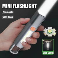 Đèn pin LED mini cầm tay, sạc USB, có móc, đèn zoom, đèn cắm trại ngoài trời, đi bộ đường dài, đèn khẩn cấp tầm xa