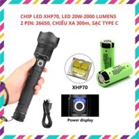 Đèn Pin Siêu Sáng Dùng Chip Led XHP70 Dùng 2 Pin 26650 Dung Lượng Cao, Có Led Báo Dung Lượng, Chống Thấm Nước Có Zoom