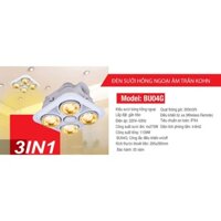 Đèn sưởi nhà tắM Braun Kohn 4 bóng âm trần công tắc BU04G ( 3 trong 1: Sưởi ấm, chiếu sáng, thông gió- Bảo hành 5 năm