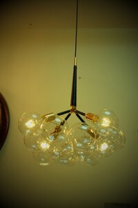 Đèn thả hợp kim vàng cuốn sợi đen, chùm 18 quả thủy tinh trắng TH220, E27 x 06, KT(mm): 700 x 750