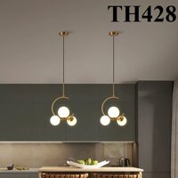 Đèn thả thủy tinh đơn TH428, vòng tròn khuyết mạ đồng 3 chao thủy tinh đục D100, G9x03, KT(mm): 350x350